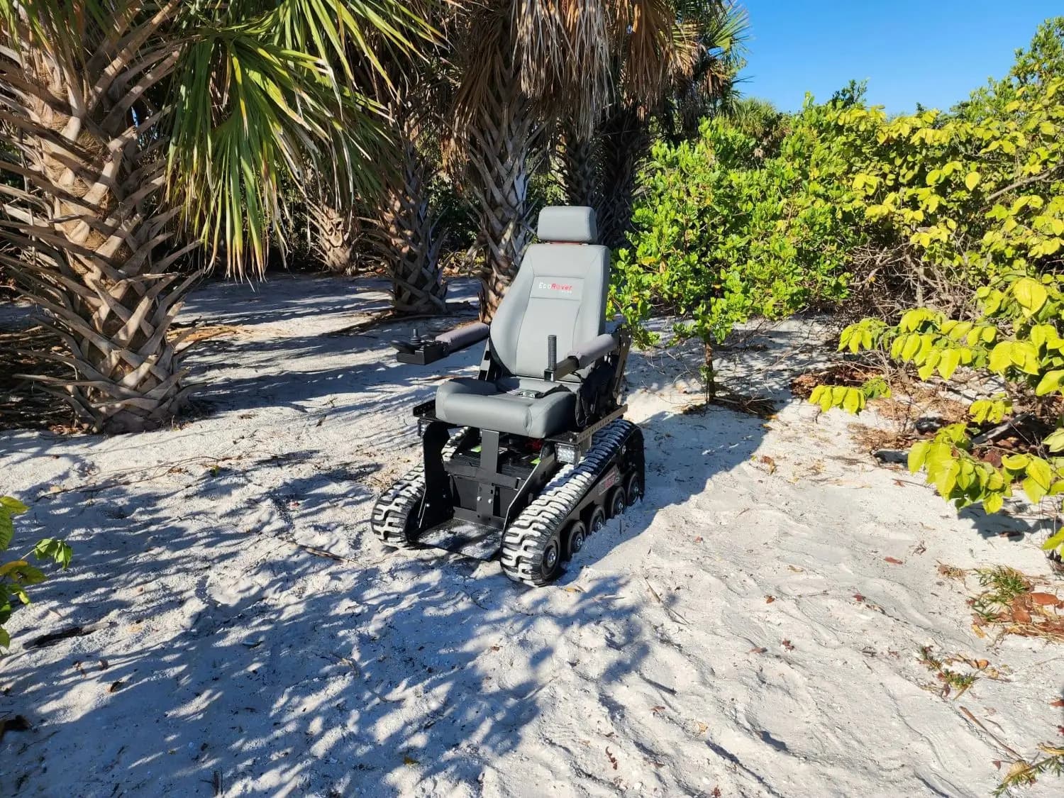 An EcoRover on a sandy beach path surrounded by Florida palm trees and coastal vegetation.